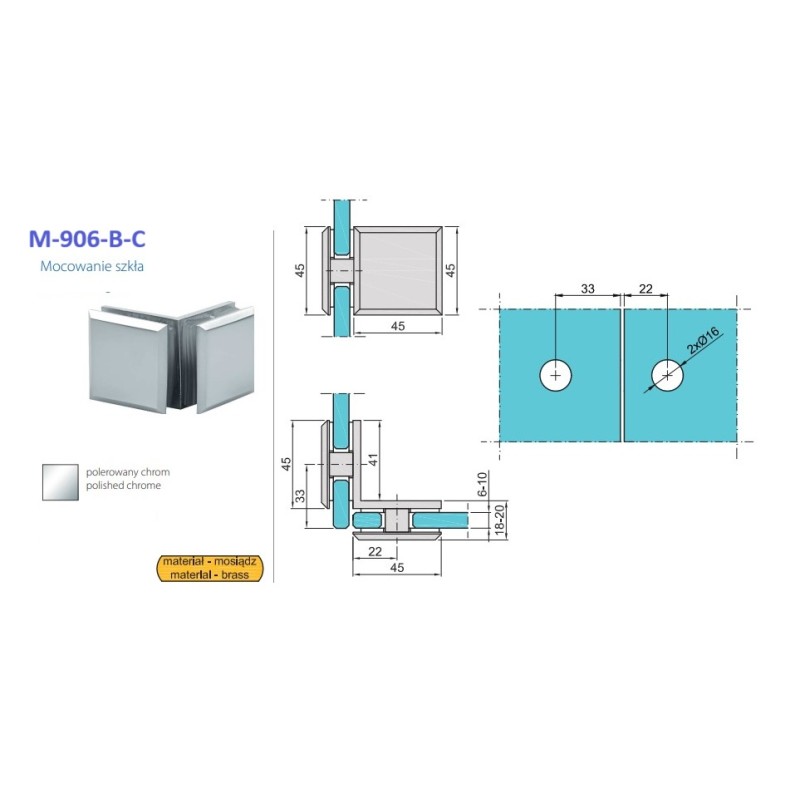 M-906-B-C MORAD Mocowanie szkła kabiny 45x45 polerowany chrom